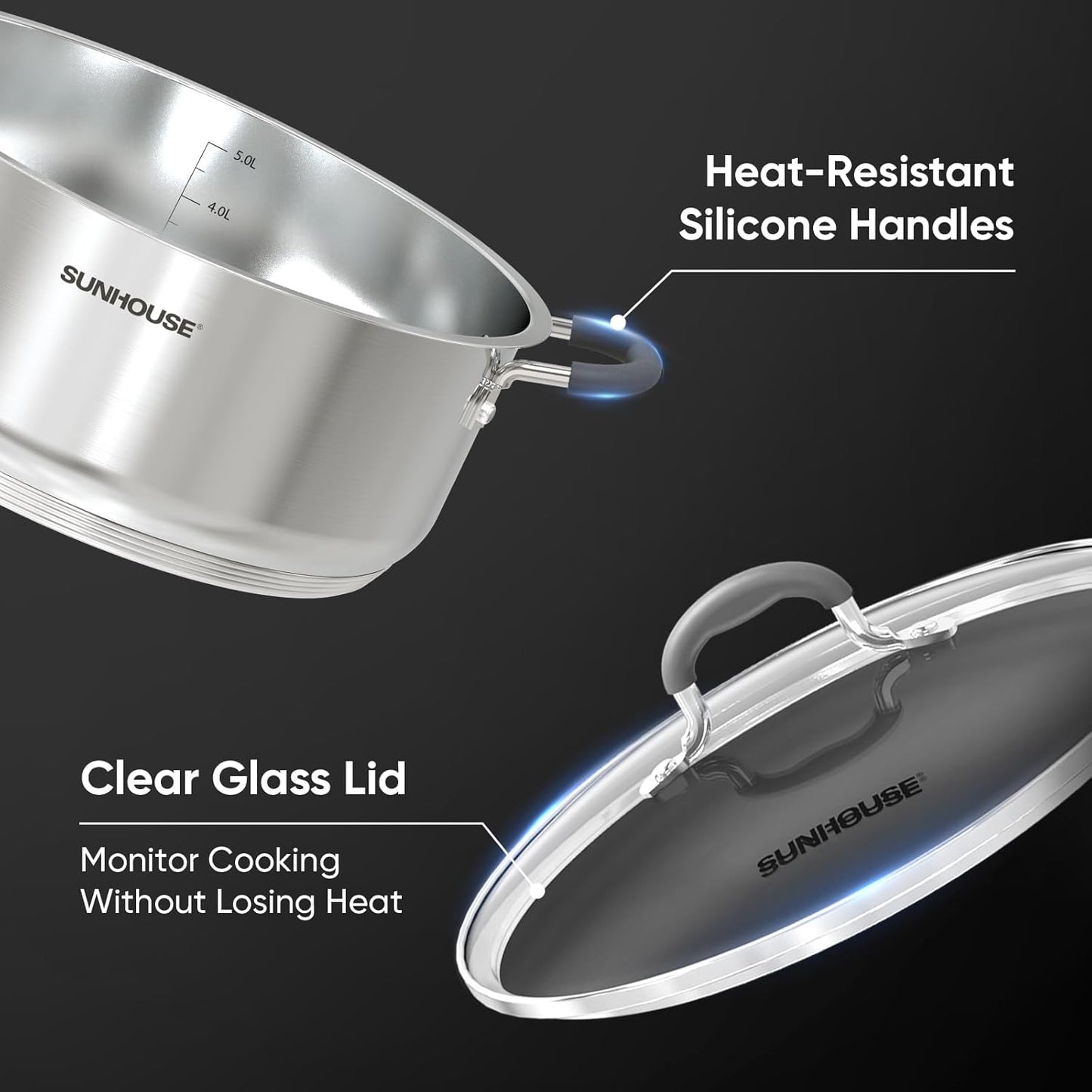 Sunhouse - 5.5 Quarts Steamer Pots With Lid 2-Tier Multipurpose Stainless Steel Steaming Pot Cookware For Vegetable, Dumpling, Sauce, Food - Triple Bottom, Measurement Line