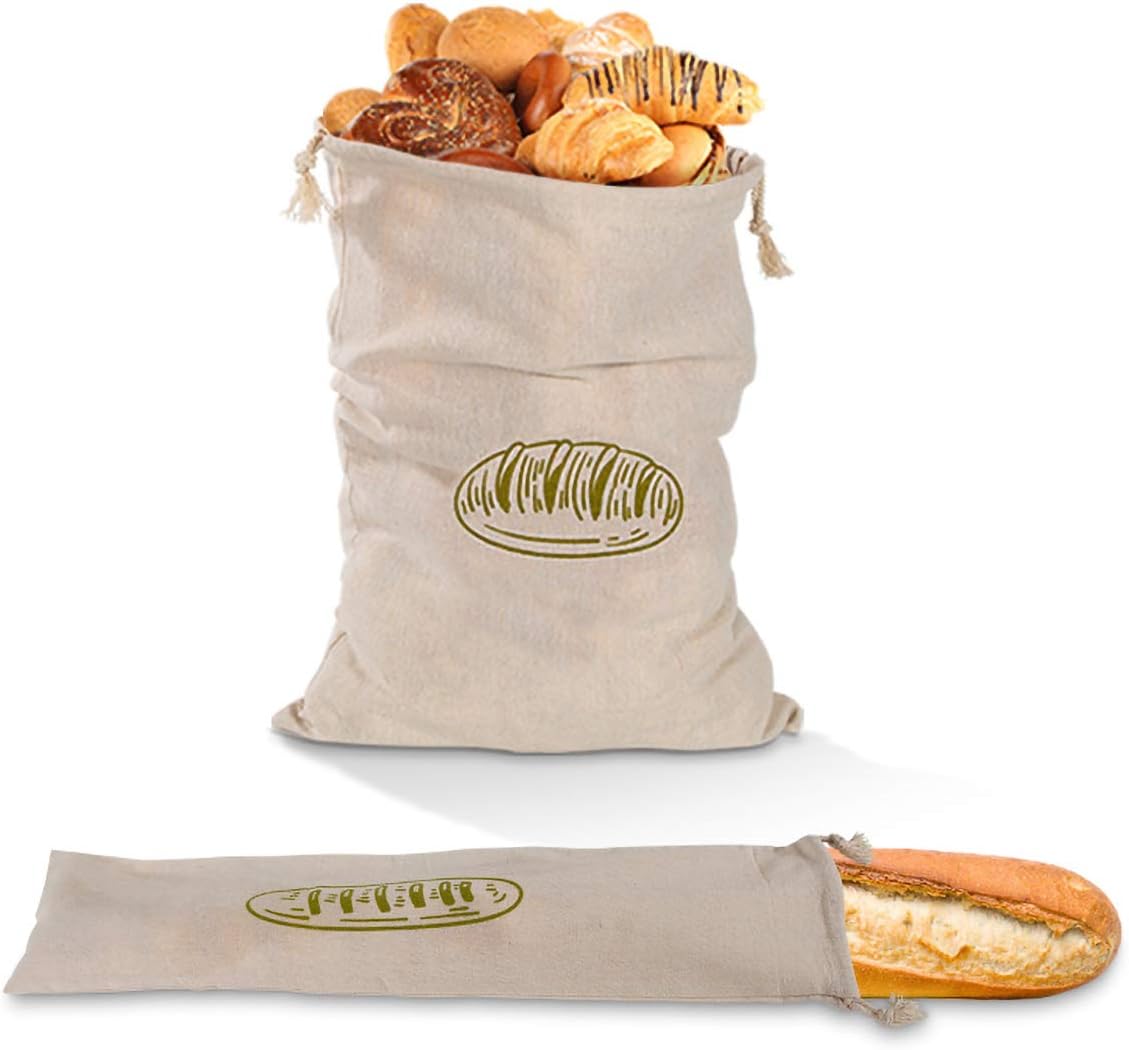 Ahyuan Natural Linen Bread Bags 2Pack 100% Flax Linen for Homemade Bread Reusable Food Storage Bags Reusable Bread Bags for Large Loaf Bakery & Baguette (Rectangular)