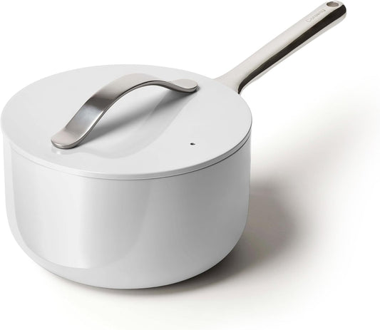 Caraway Nonstick Ceramic Sauce Pan with Lid (3 qt) - Non Toxic, PTFE & PFOA Free - Oven Safe & Compatible with All Stovetops (Gas, Electric & Induction) - Gray