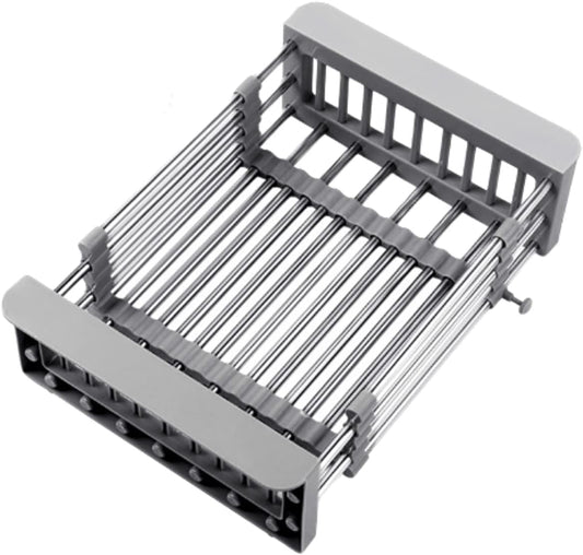 Cyrank Over The Sink Dish Drying Rack, Expandable Over Sink Grill Telescopic Drain Basket Kitchen Rack Drain Basket Sink Drying Rack(L#Grey)