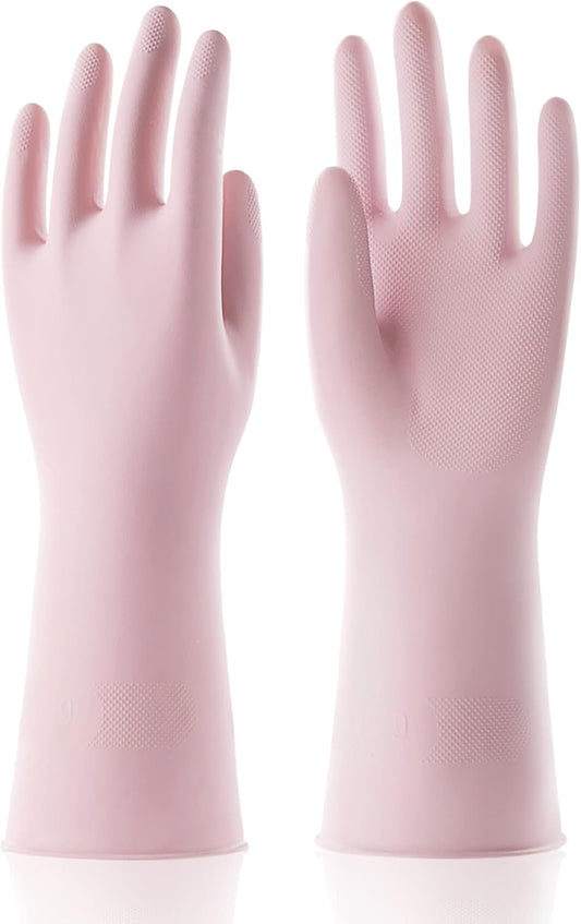 COOLJOB Small Household Rubber Gloves with Cotton Liner & Non-slip Grip, Waterproof Long Lasting Dishwashing Gloves for Kitchen & Bathroom Cleaning, Light Pink, 1 Pair