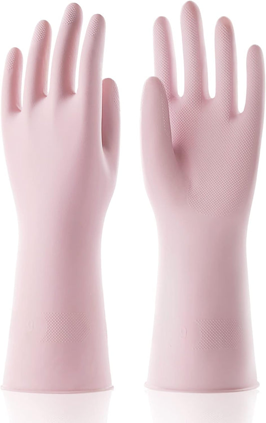 COOLJOB Large Household Rubber Gloves with Cotton Liner & Non-slip Grip, Waterproof Long Lasting Dishwashing Gloves for Kitchen & Bathroom Cleaning, Light Pink, 1 Pair