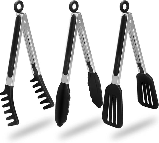 HST Tongs for Cooking with Silicone Tips(3 Pack), Non Stick Kitchen Tongs with Silicone Tip for Cooking BBQ Baking (9", Black)