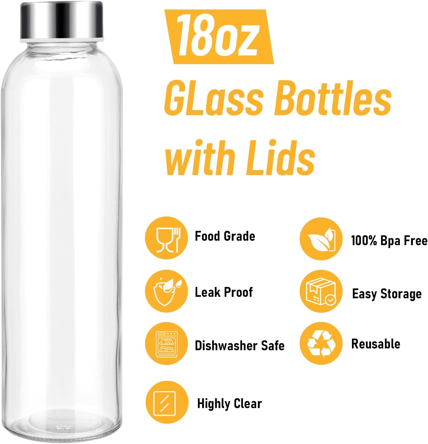 Sursip 18oz Glass Water Bottle Set of 6, Clear glass juice bottle for juicing，Reusable Drinking Bottles with Stainless Steel Lid，Beverage Storage Containers for Refrigerator-BPA Free，Leak Proof