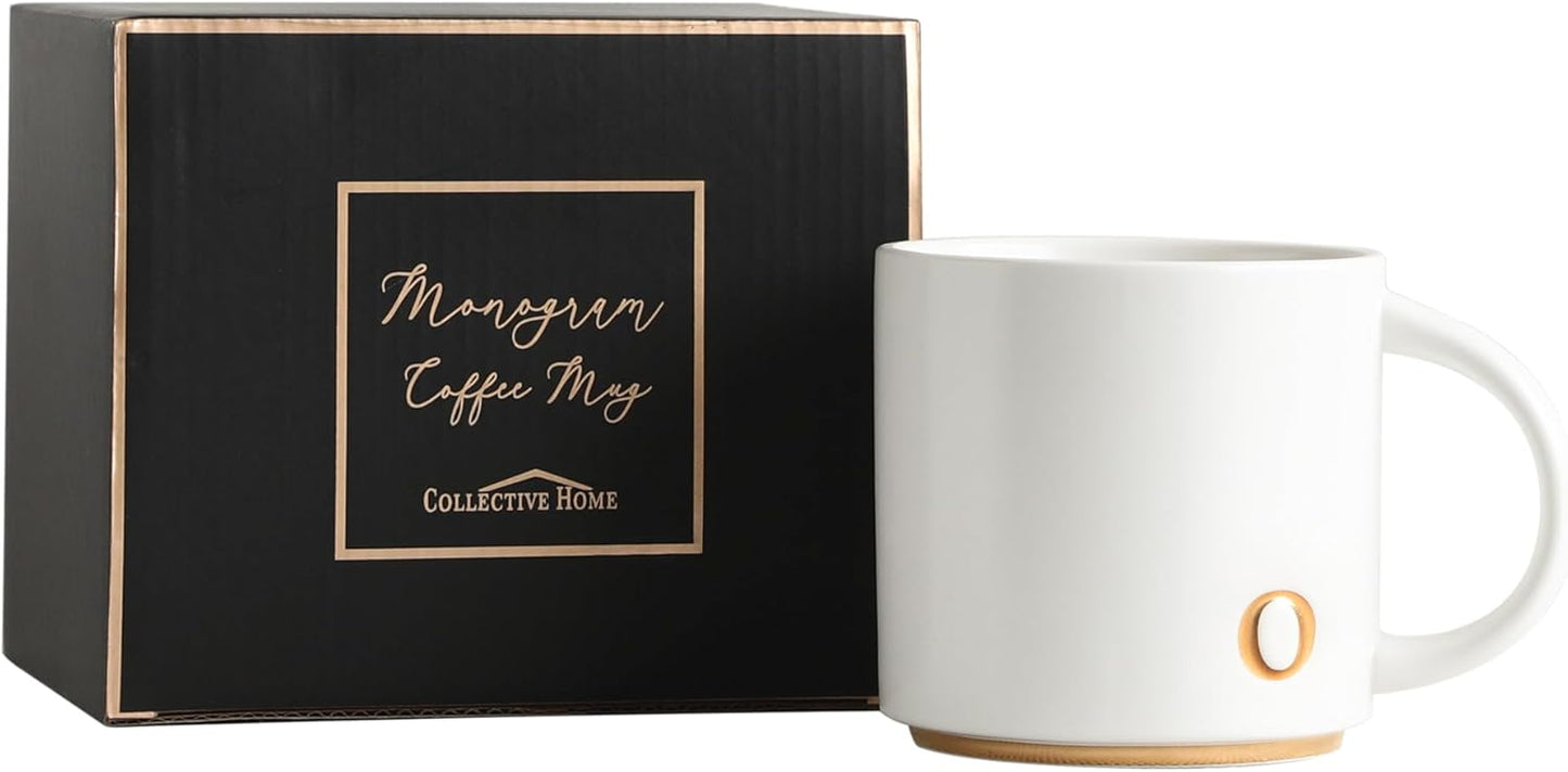 COLLECTIVE HOME - Monogram Ceramic Mugs, 15 oz Golden Initial Coffee Cups, Elegant Alphabet Tea Mugs, Elegant Personalized Mug with Gift Box, Luxurious Cups for Office and Home (o)
