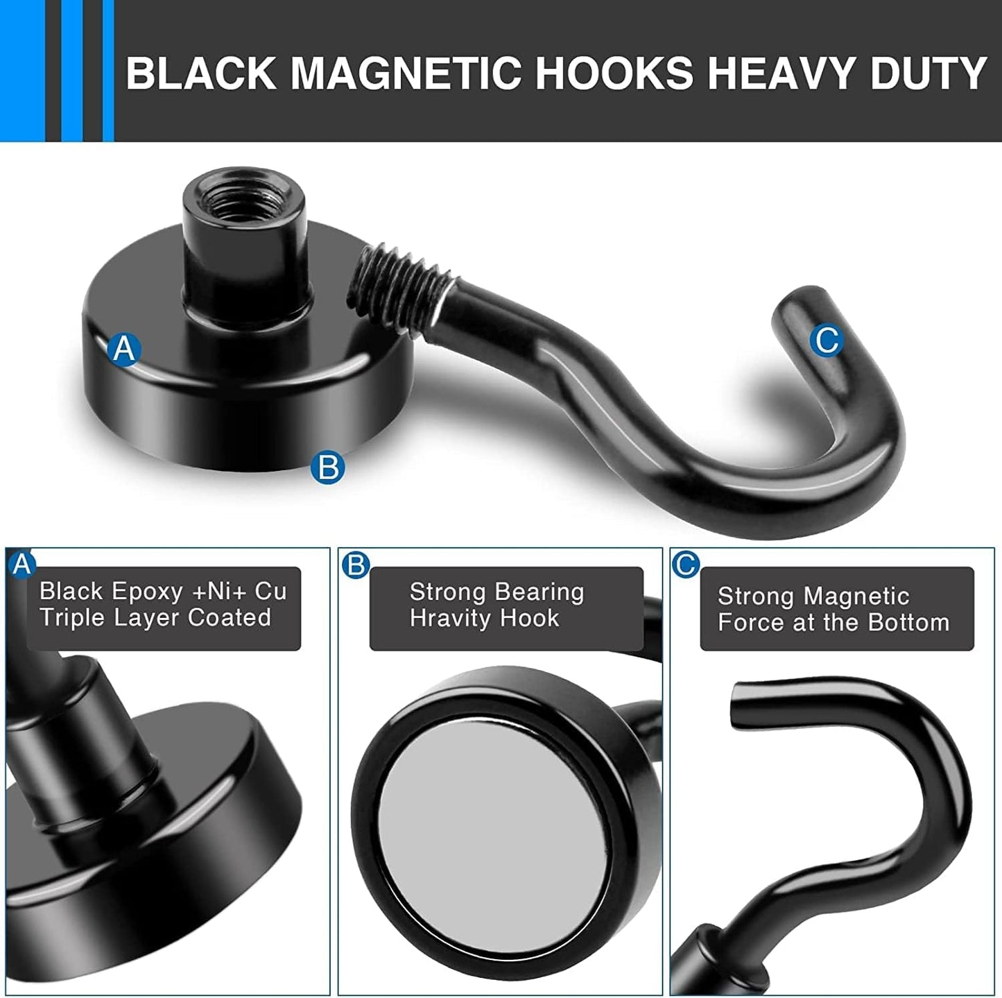 LOVIMAG Magnetic Hooks，30Lbs Black Magnet Hooks for Cruise Cabin, Magnetic Hooks for Hanging, Fridge, Classroom, Refrigerator, Ceiling, Office, Kitchen. Grill, Garage-18Pack