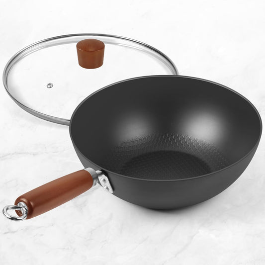 Carbon Steel Wok Pan, 9.5" Authentic Chinese Stir-Fry Pans Set with Glass Lid, 1.65lb Lightweight Flat Bottom Small Wok for 1-2 Servings