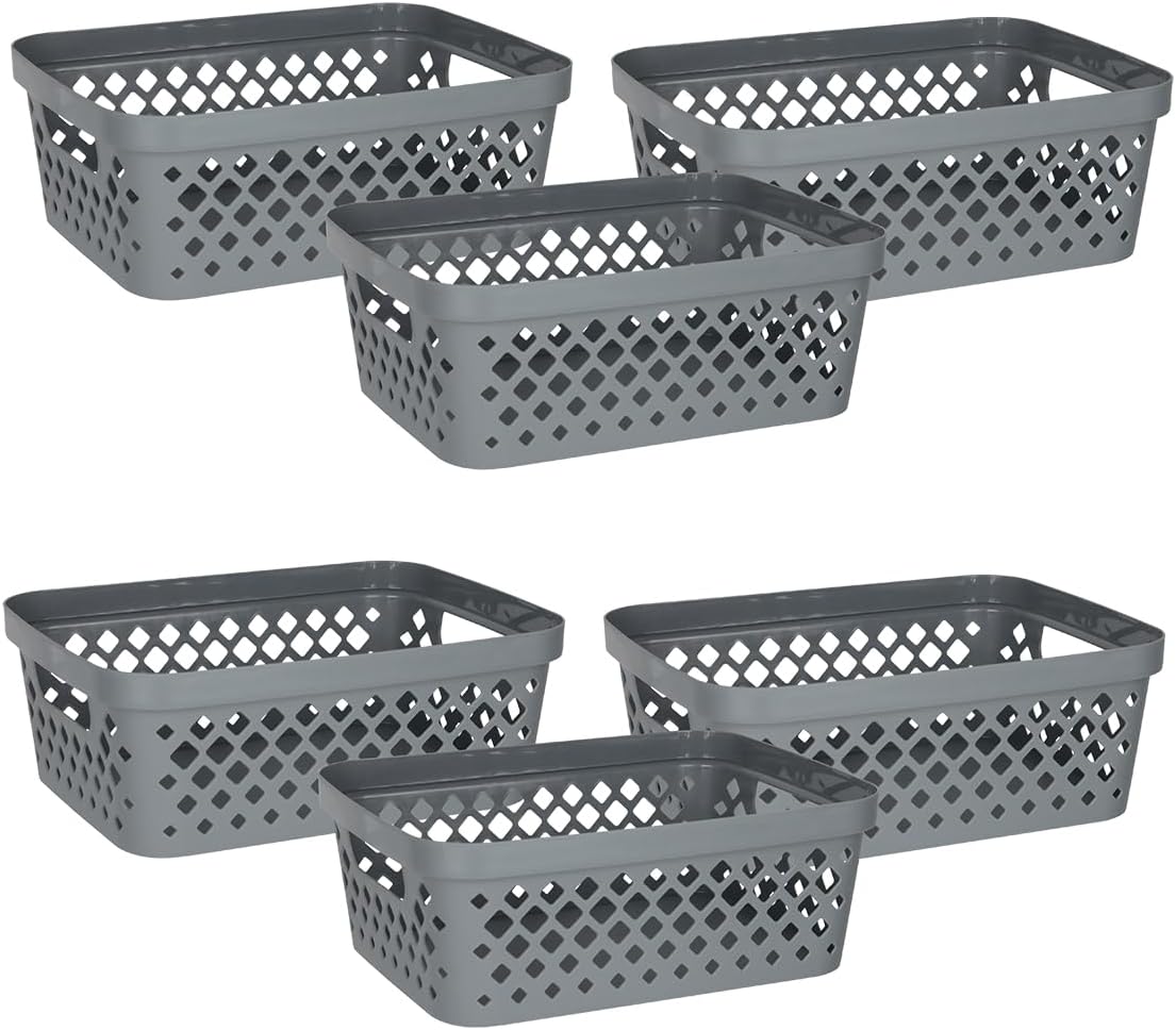 Glad Plastic Storage Basket Set, Value Pack of 6 | Open Storage Bins for Shelves, Bathroom, Pantry, Closet | Nesting Organizer Boxes with Handles, 2 Gallon, Grey