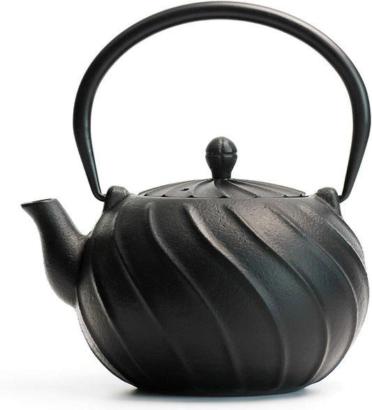 Tea Kettle, TOPTIER Japanese Cast Iron Teapot with Infuser, Cast Iron Tea Kettle Stovetop Safe, Wave Design Teapot Coated with Enameled Interior for 30 Ounce (900 ml), Midnight Black