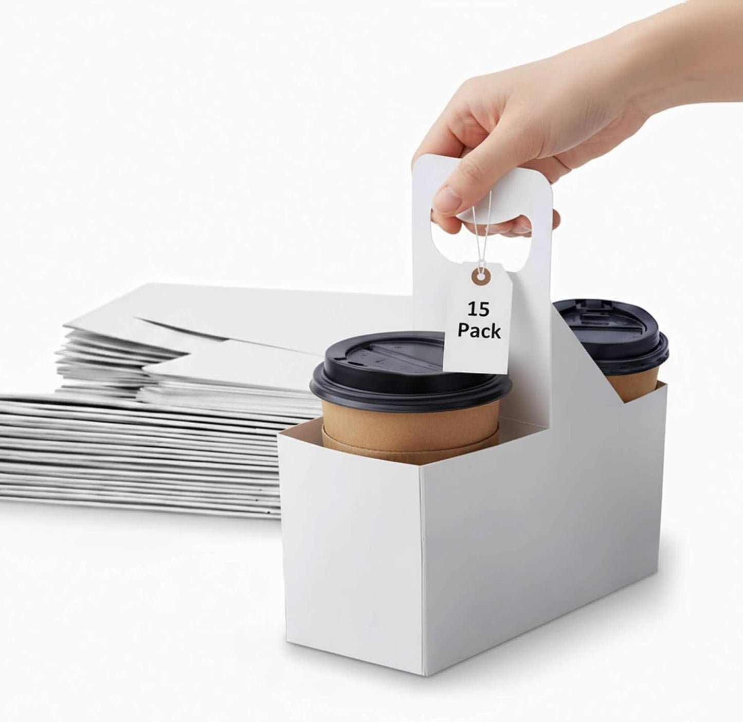 Kraft Paperboard 2-Cup Drink Carrier with Handle, 12-32 oz Coffee Cup Holder, Takeout Beverage Delivery, 15-Pack(Without Cups)