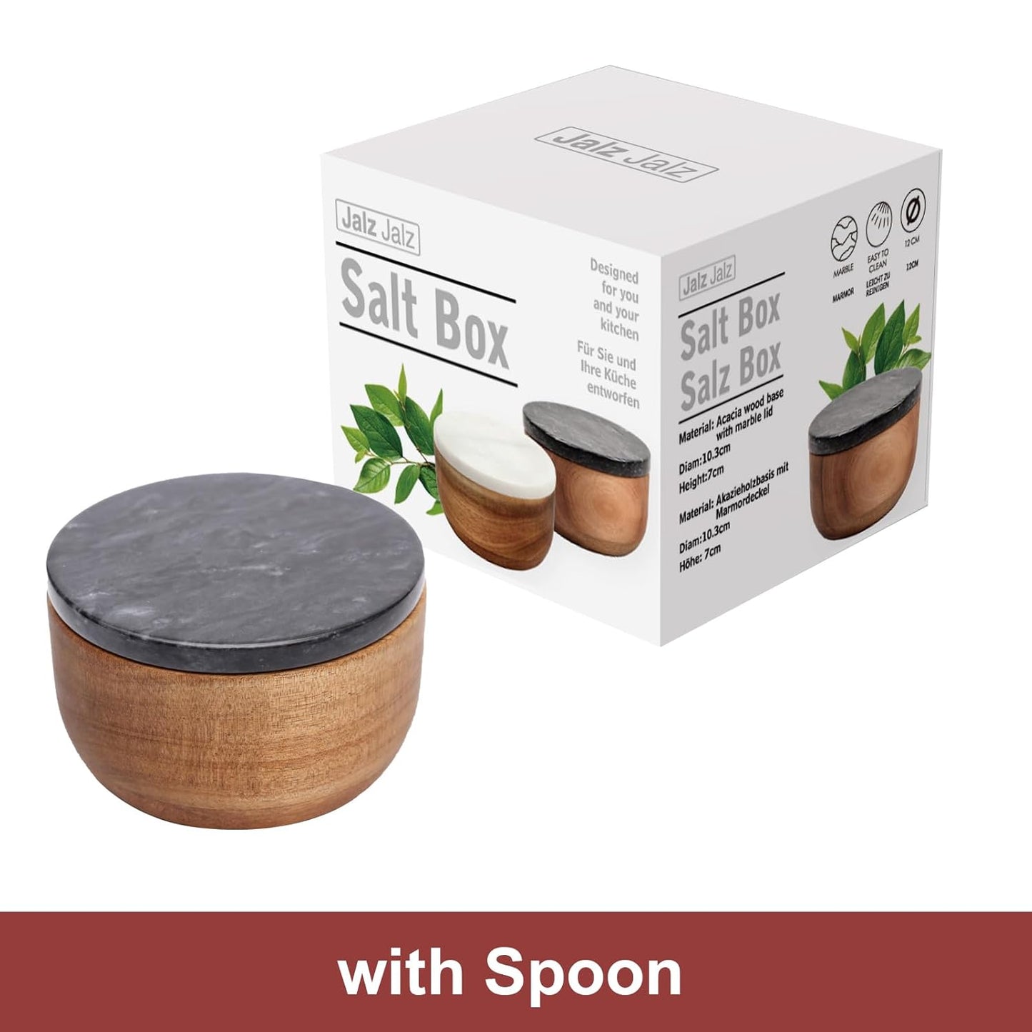 Large Wood Salt Box salt cellar with Spoon Spice Seasonings Keeper Salt Container Solid Natural Acacia Base Black Marble Lid Decorative Box salt keeper Big Capacity Spice Cellar