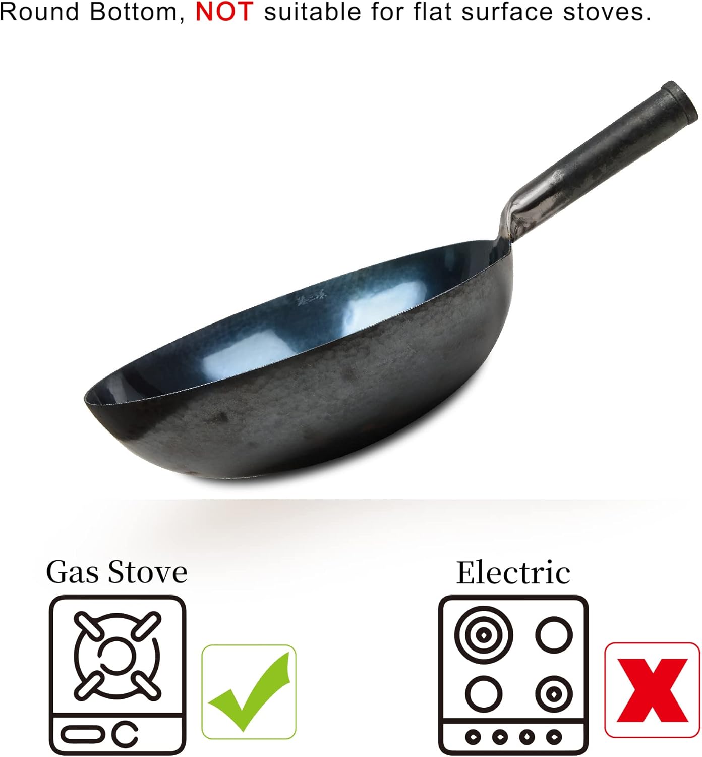 臻三环 ZhenSanHuan Chinese Hand Hammered Iron Woks and Stir Fry Pans, Non-stick, No Coating, Carbon Steel Pow (36CM, BlueBlack Seasoned with help handle)