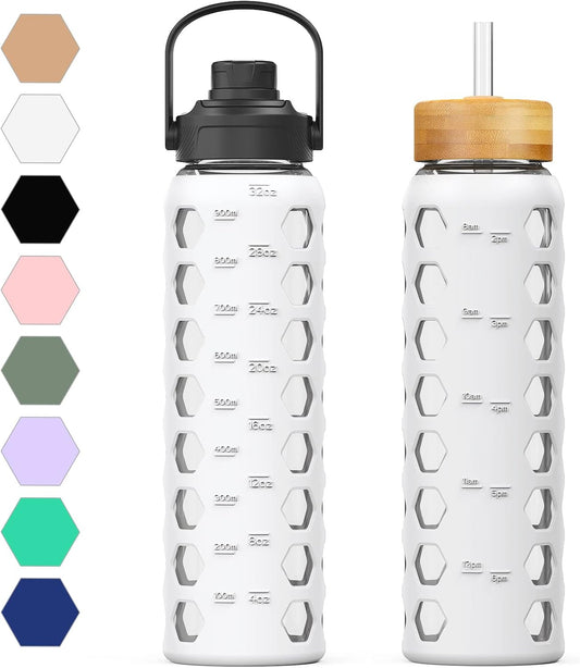 MUKOKO 32oz Glass Water Bottles with 2 Lids-Handle Spout Lid&Bamboo Straw Lid, Motivational Water Tumbler with Time Marker Reminder and Silicone Sleeve, Leakproof-White-1 Pack