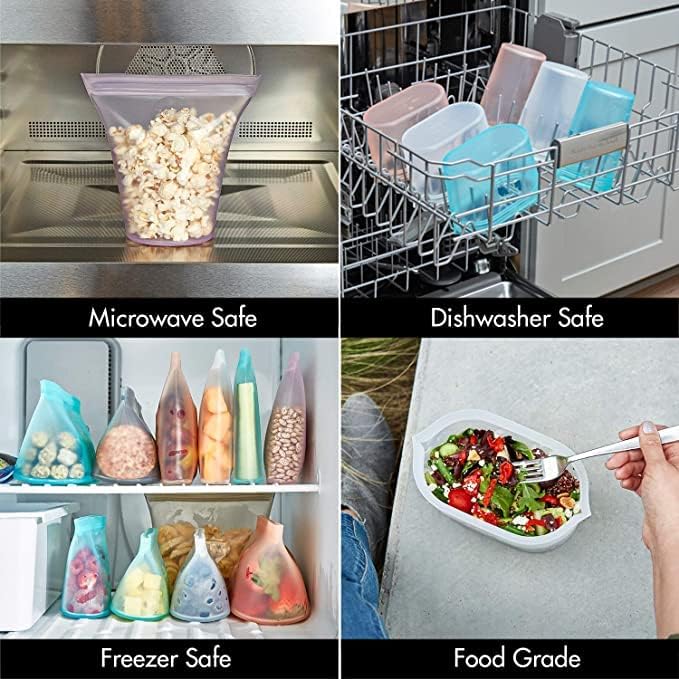 Zip Top Reusable Food Storage Bags | 3 Dish Set [Teal/Peach/Lavender] - Small, Medium, Large | Silicone Meal Prep Container | Microwave, Dishwasher and Freezer Safe | Made in the USA
