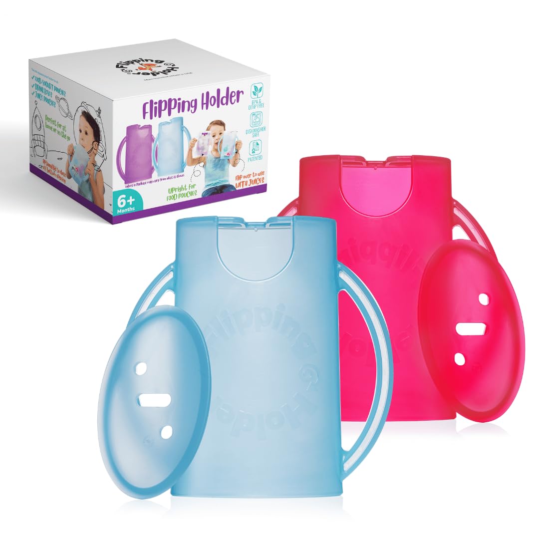 Squeeze Proof Food Pouch Holder for Toddlers, Babies, Kids, Mess Free No Squeeze Juice Box Drink and Applesauce Snack Holder with Easy Grip Handles and Lid
