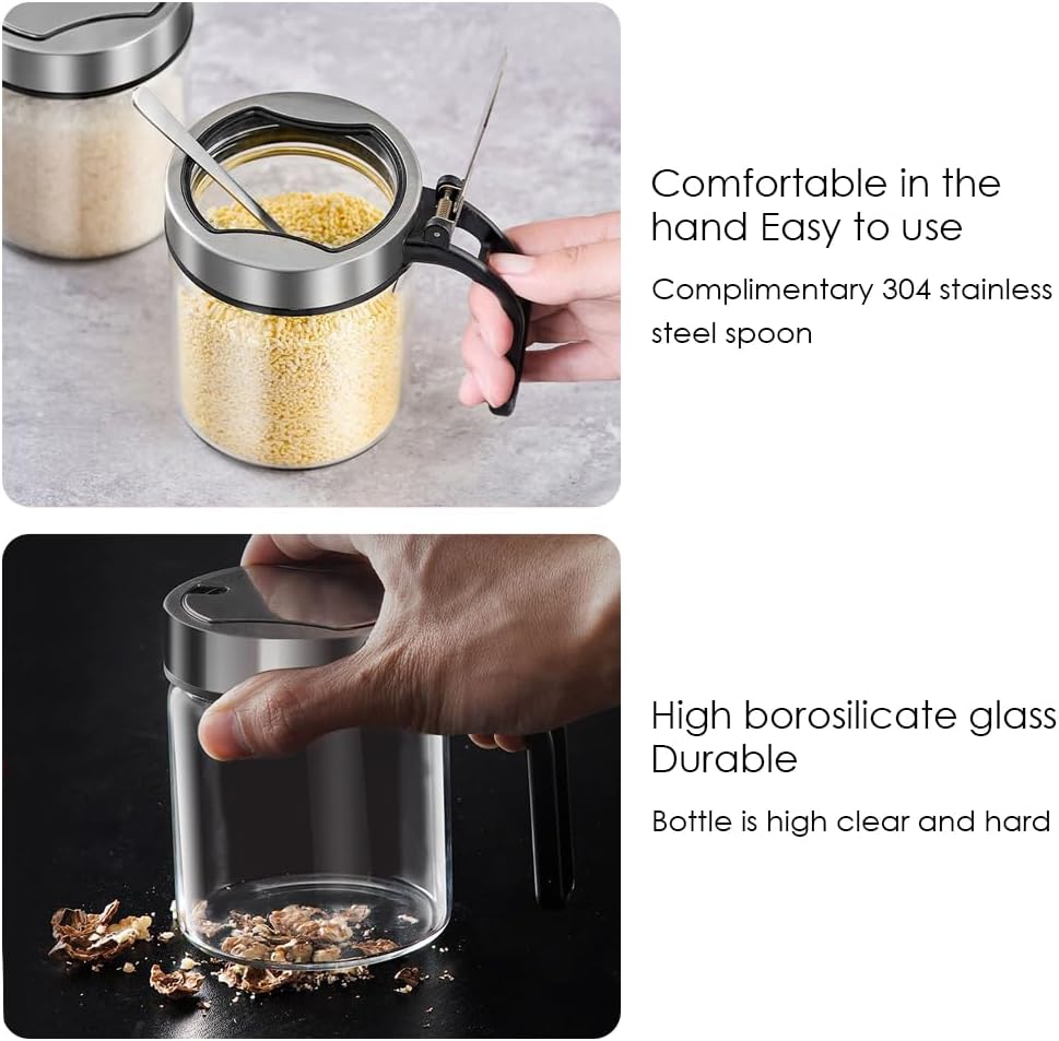 TINMIX Revolving Condiment Pots Sugar Bowl Salt & Pepper Cellar with Lid and Spoon, Set of 4 Seasoning Box Spice Jar with 360 Rotating Tray for Kitchen, 2 Pots+2 Oil Dispenser Bottles