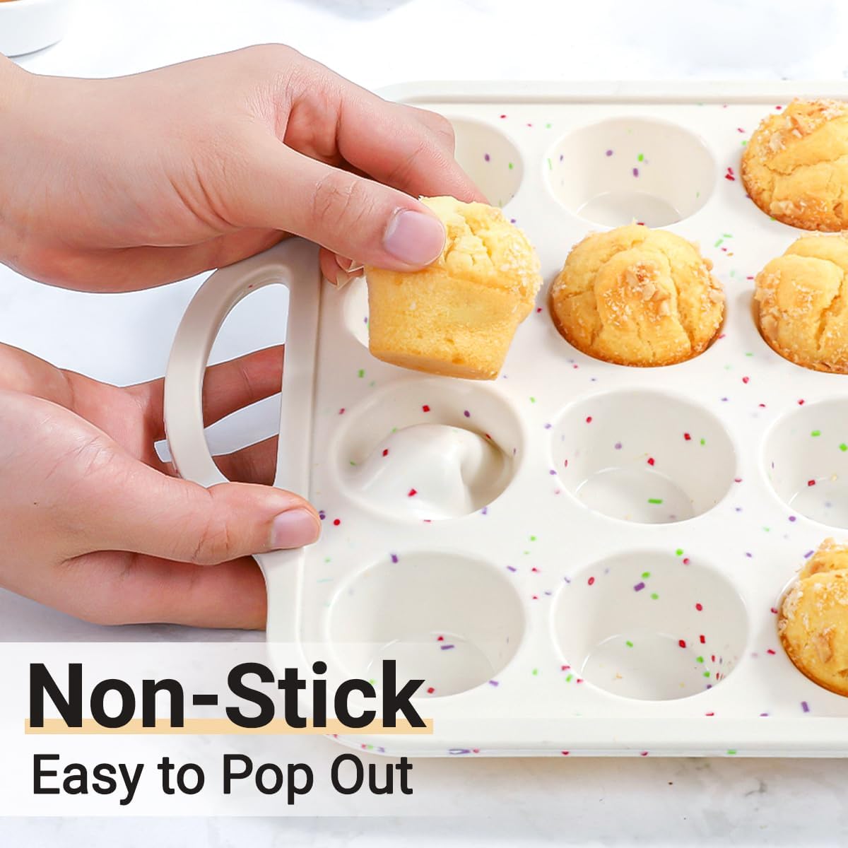 Silicone Mini Muffin Pan, Metal Reinforced Frame 24 Cups Nonstick Mini Cupcake Pans with Handles Easy to Move for Baking Muffin, Cupcake, Egg Bites Oven Safe, 2 Pack Confetti