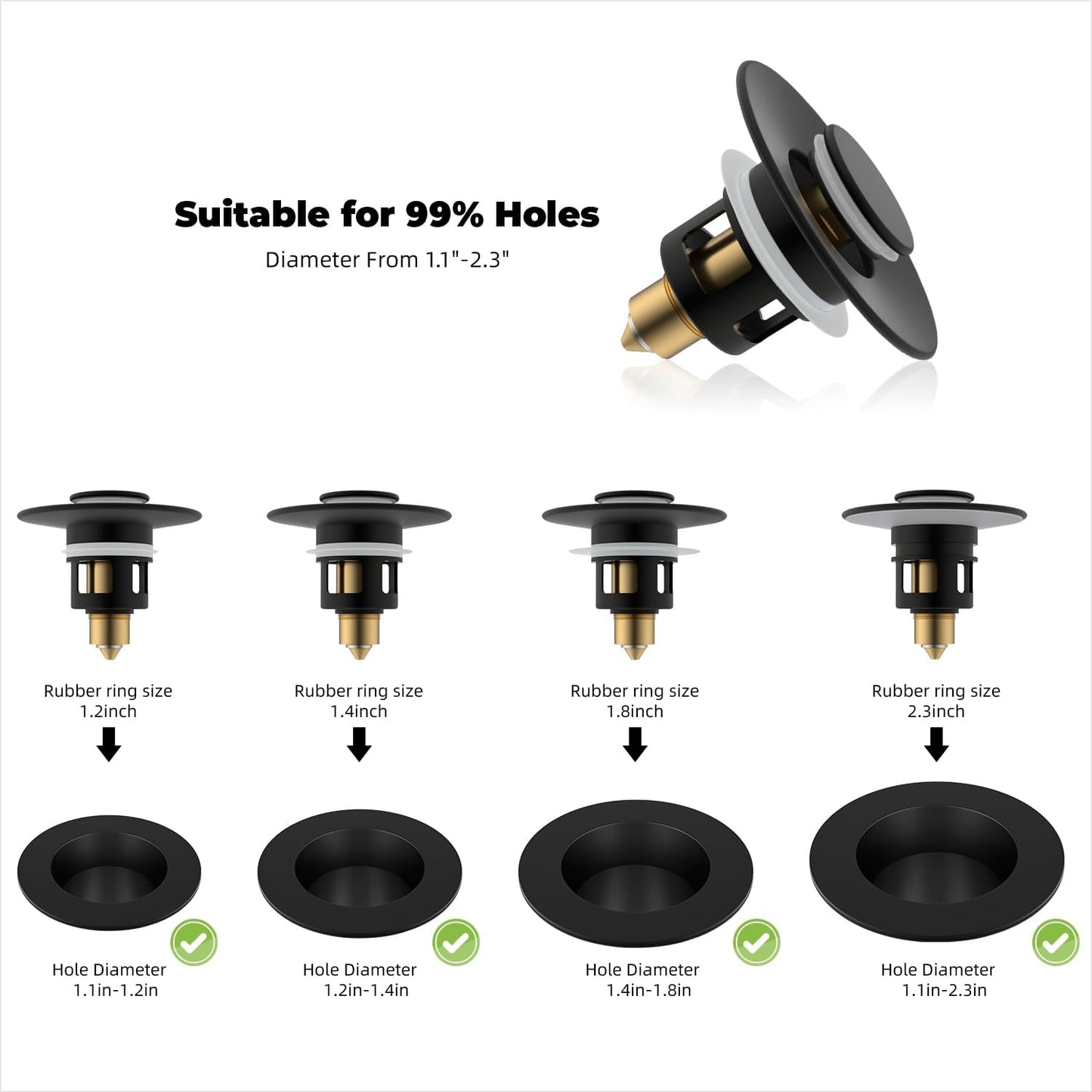 Hibbent All Metal Universal Bathroom Sink Stopper for 1.1''~2.3'' Basin, Pop Up Sink Drain Strainer, Brass Bullet Core Push Type Stopper, Stainless Steel Anti Clogging Drain Filter, Matte Black