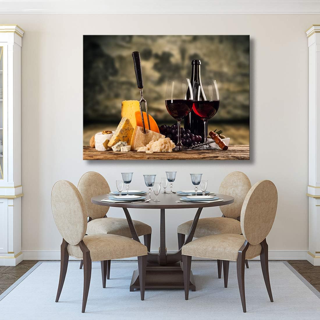 Looife Kitchen Still Life Canvas Wall Art, 48x36 Inch Gallery Wrapped Red Wine with Cheese Picture Prints Wall Decor, Food Art Deco for Dining Room and Bar Decoration