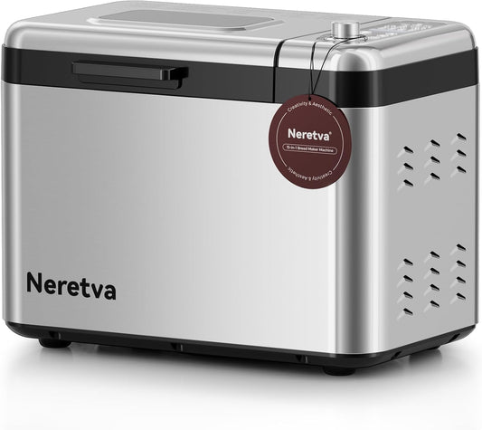 Neretva Bread Maker, 3.3LB Larger Bread Machine 15-in-1 Stainless Steel & Nonstick Ceramic Pan & Auto Nut Dispenser Breadmaker Machines Full Touch Panel with Gluten Free White Wheat Rye French Pizza