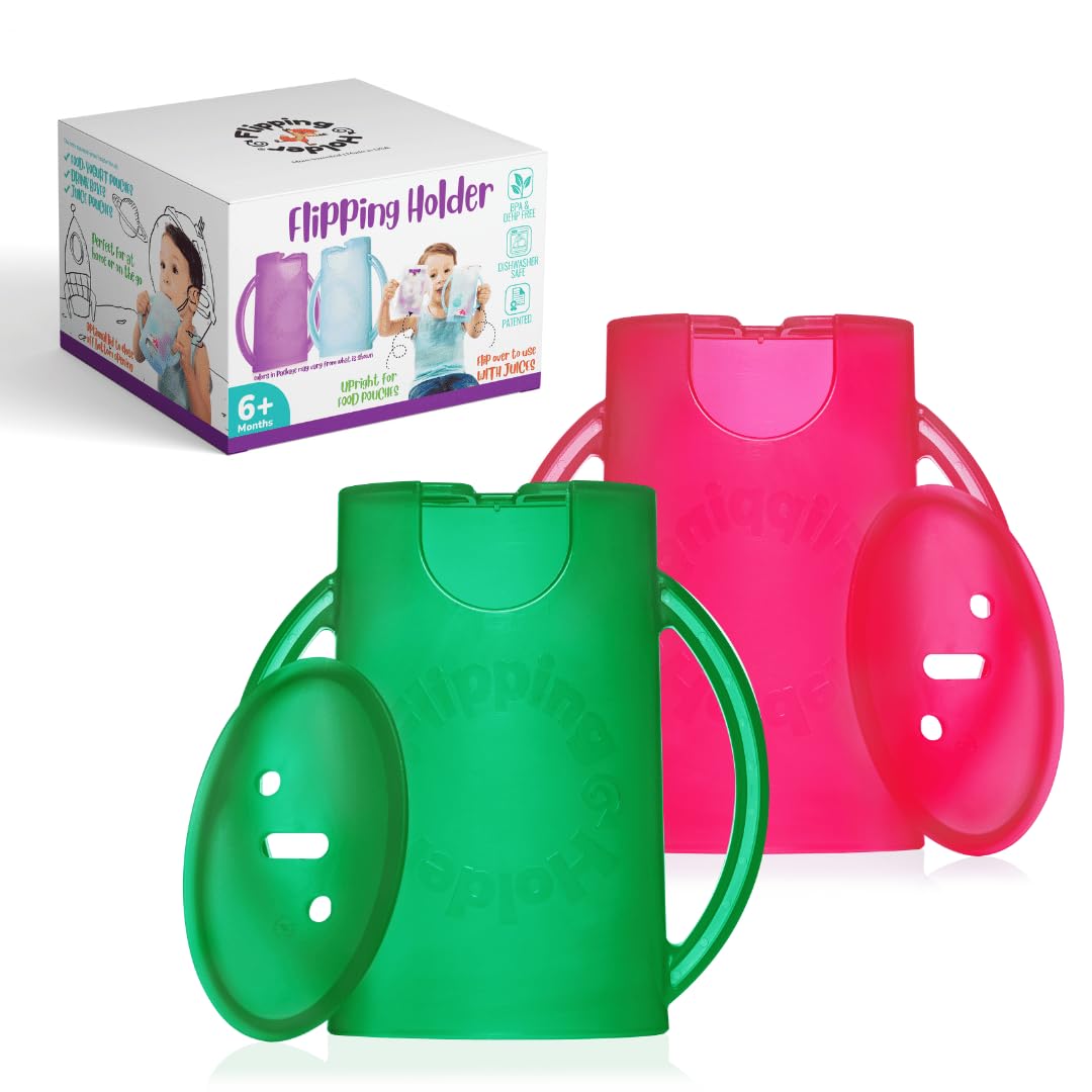Squeeze Proof Food Pouch Holder for Toddlers, Babies, Kids, Mess Free No Squeeze Juice Box Drink and Applesauce Snack Holder with Easy Grip Handles and Lid