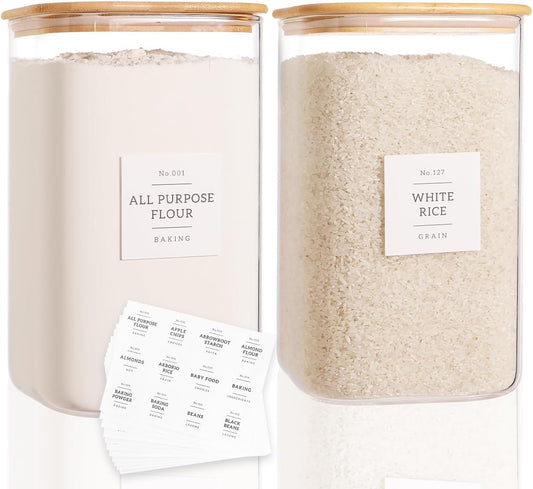 2 Pack Square Glass Flour and Sugar Containers with 132 Kitchen Pantry Labels - Thicken 149 FL OZ Large Glass Storage Jars with Airtight Bamboo Lid - Big Food Canisters for Rice, Pasta, Cookie