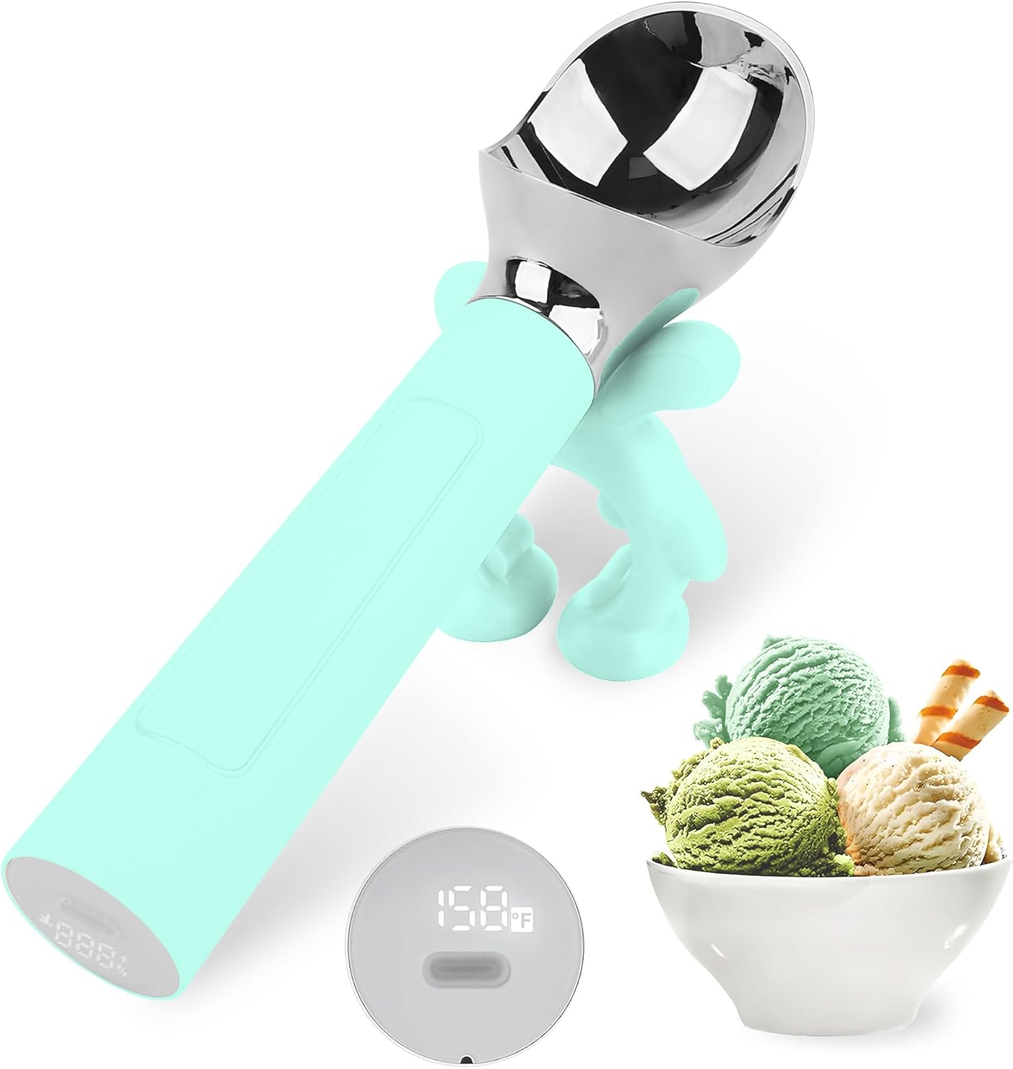 LT LAUDTEC Heated Ice Cream Scoop, Rechargeable Electric Warming Scooper, LED Display, Heats to 158F, IP67 Waterproof, Easy for Seniors & Kids (Blue)