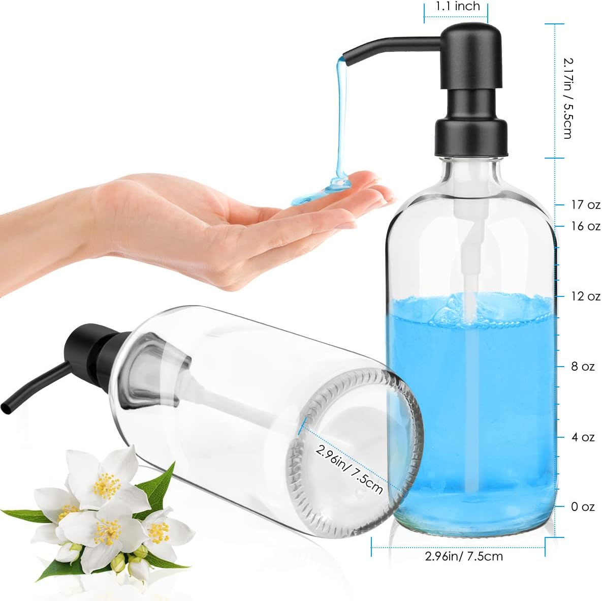 ARKTEK 2 Pack Refillable Glass Soap Dispenser - Rust Proof Stainless Steel Pump, 17 Oz/ 500 ML, Black