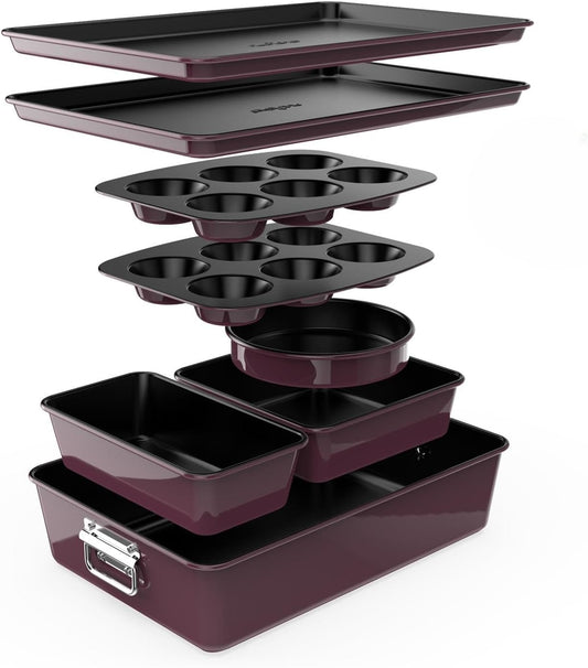 NutriChef 8-Piece Nonstick Stackable Bakeware Set - PFOA, PFOS, PTFE Free Baking Tray Set w/Non-Stick Coating, 450°F Oven Safe, Round Cake, Loaf, Muffin, Wide/Square Pans, Cookie Sheet (Plum)