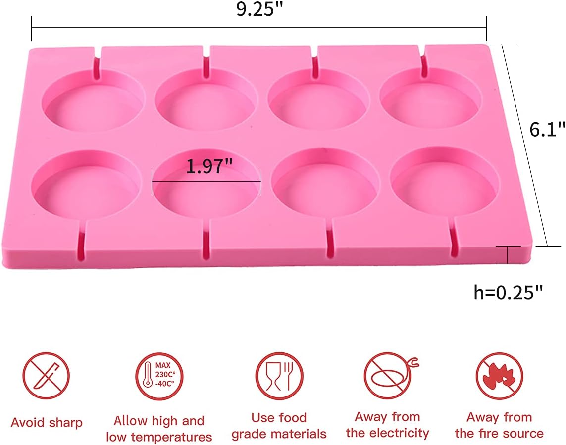 8-Capacity Large Silicone Lollipop Molds, Chocolate Hard Candy Mold with 60pcs Sucker Sticks, Candy Treat Bags, Gold Ties. Great for Sucker, Hard Candy, Lollipop, Cake pop (Large Round)