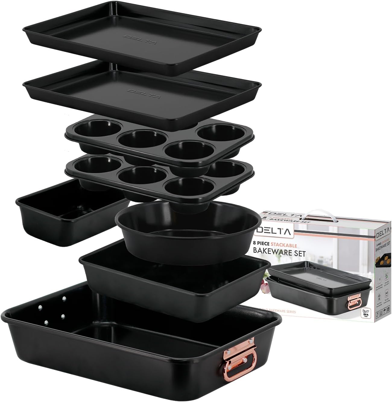 Nonstick Ceramic Bakeware Set – 8 Piece Baking Pans Set, Oven Safe to 450°F, Includes Muffin Pans, Cookie Sheets, Loaf, Roaster, Round & Square Pans, BPA-Free