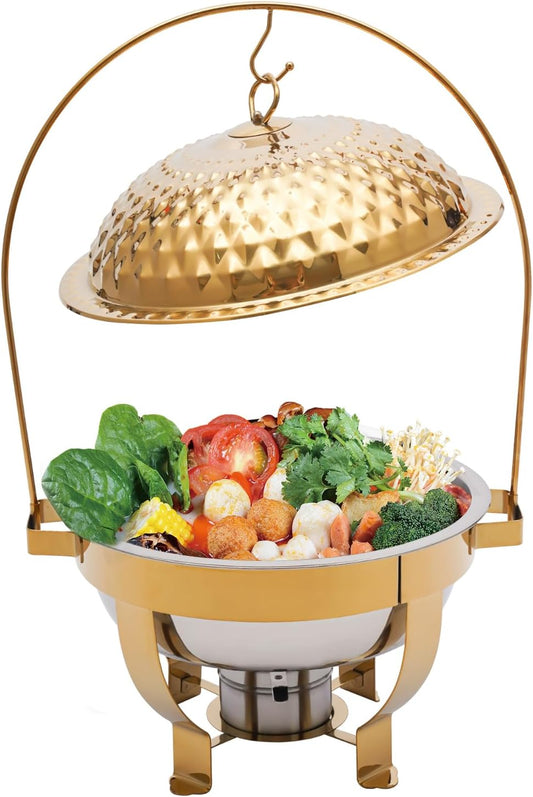 Chafing Dish Buffet Set, Stainless Steel Hanging Lid Dining Stove, Roll Top Chafing Dish Buffet Diamond-Shaped Lid and Round Stand for Buffet Restaurants and Banquets (Gold, 4.5L/4.76Qt)