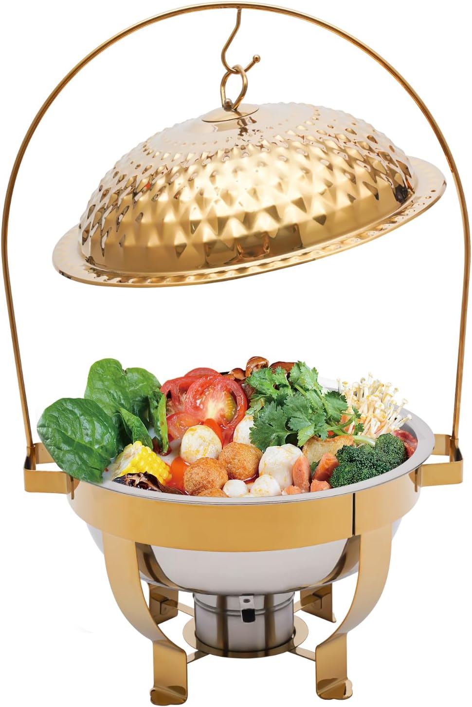 Chafing Dish Buffet Set Silver Accent, 4.5L Round Stainless Steel Chafer, Upgraded Buffet Servers and Warmers Set Warming Tray for Wedding, Parties, Banquet and Events (Gold)