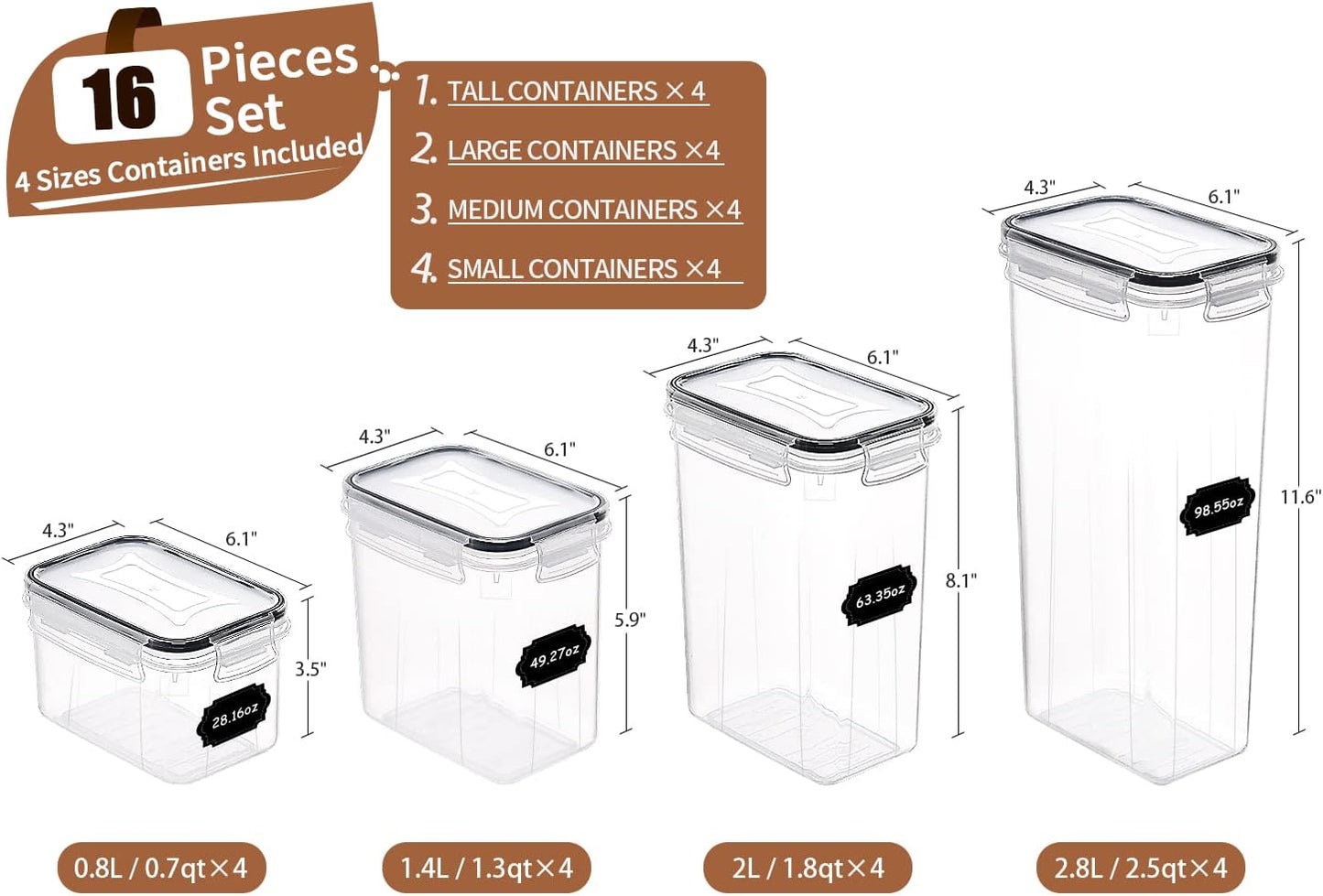 PRAKI Airtight Food Storage Containers Set, 16 Pcs BPA Free Plastic Dry Food Canisters for Kitchen Pantry Organization and Storage Ideal for Cereal, Flour & Sugar - Labels, Marker(Black)