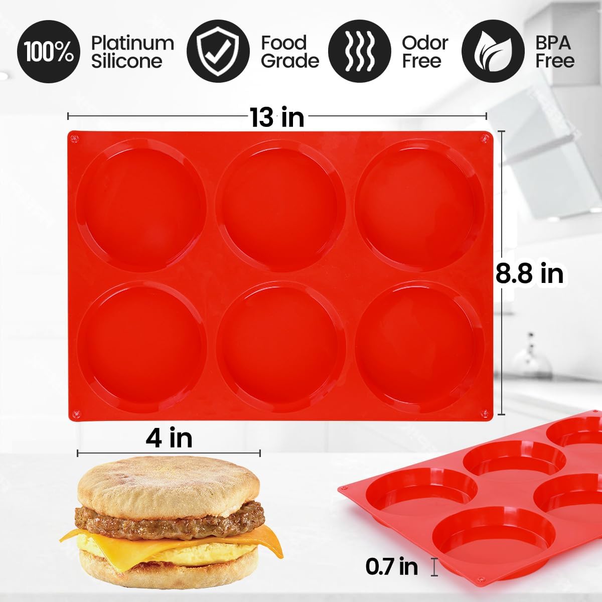CAKETIME Muffin Top Pan, Jumbo Silicone Egg Molds for Breakfast Sandwiches 4 Inch Round Baking Pan for Oven English Muffins, Whoopie Pies, Corn Bread, Egg bites, Tarts 3 Pack Red