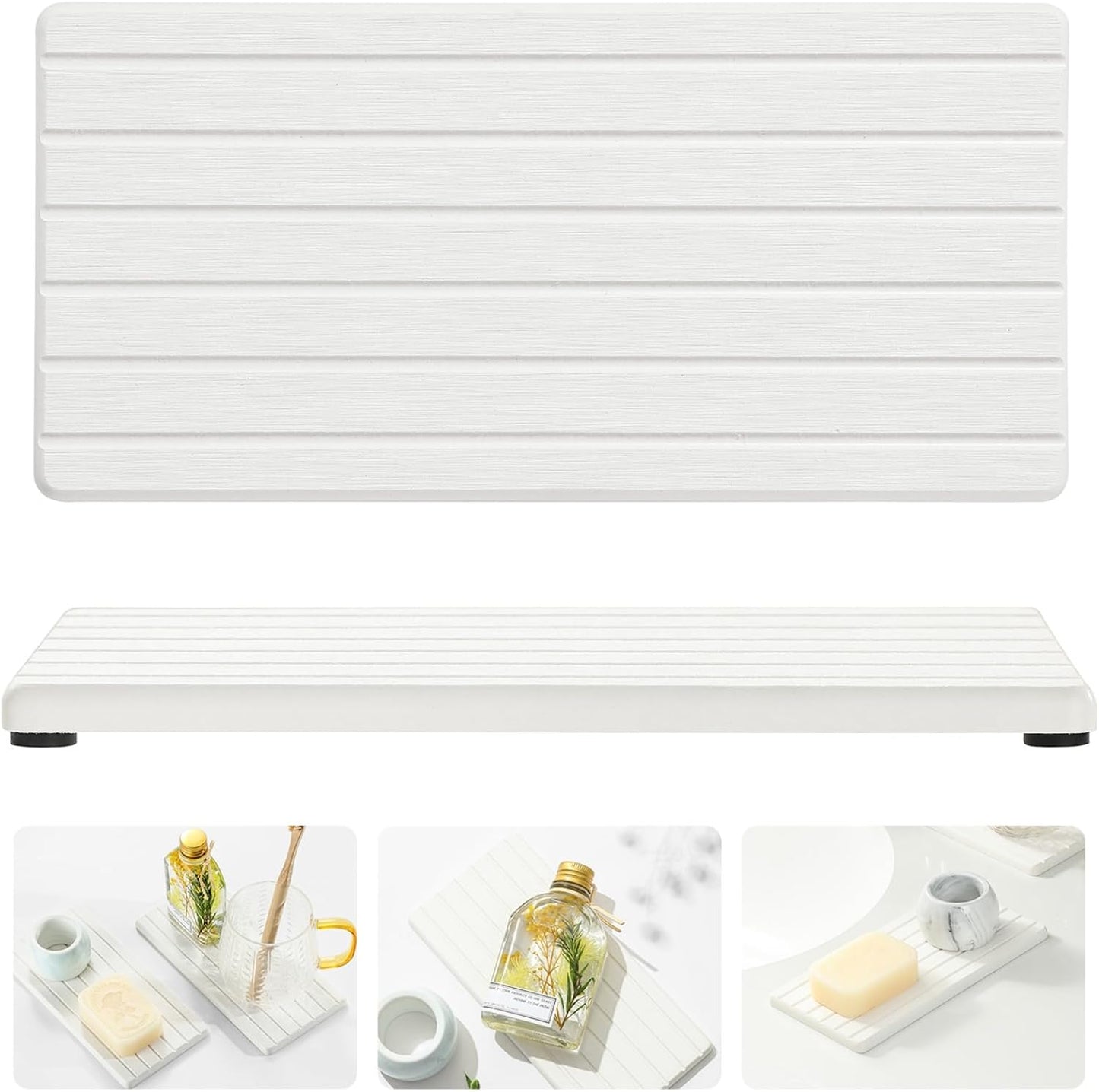 2PCS Water Absorbing Stone Drying Tray Mat For Bathroom Sink & Kitchen Counter Faucet Organizer Decor, Quick Dry Dish Soap Dispenser Sponge Holder, Vanity Sink Caddy Bar Coaster,White-8"*3.8"