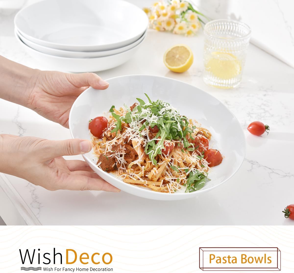 White Pasta Bowls Set of 4, Porcelain Salad Bowls 37 oz, Wide and Shallow Serving Bowl 9 Inch, Large Pasta Plates, Serving Dishes for Soup, Dinner, Microwave and Dishwasher Safe