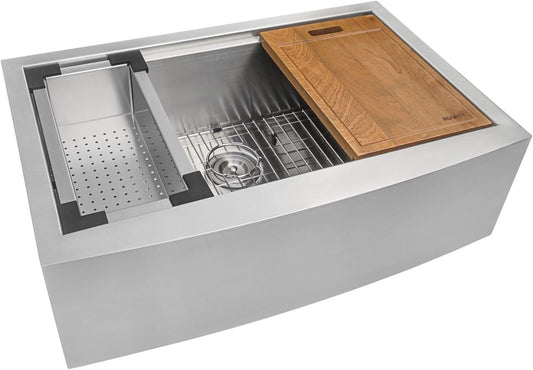 Ruvati 30-inch Apron-front Workstation Farmhouse Kitchen Sink -16 Gauge Stainless Steel Kitchen Sink Single Bowl with Brushed Finish hides scratches - Farmhouse Workstation Sinks - RVH9100