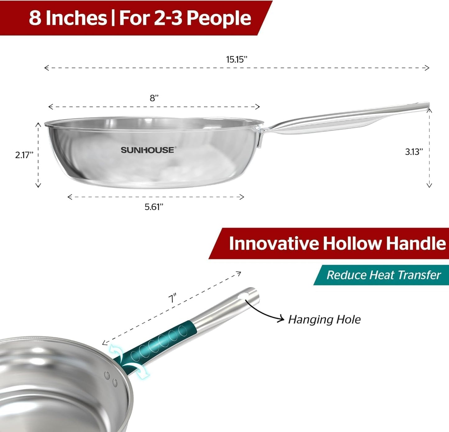 Sunhouse 18/10 8 Inch Stainless Steel Frying Pan, Whole-Clad No Coatings Skillet with Stay-cool Handle for Cooking, Durable & Oven Safe to 500°F, Dishwasher Safe, Compatible with All Cooktops