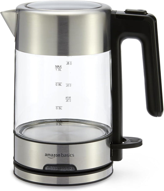 Amazon Basics Electric Kettle with Glass Carafe for Tea and Coffee, BPA-Free, Fast Boiling, Auto Shut-Off, 1 liter , 1500W, Glass and Steel