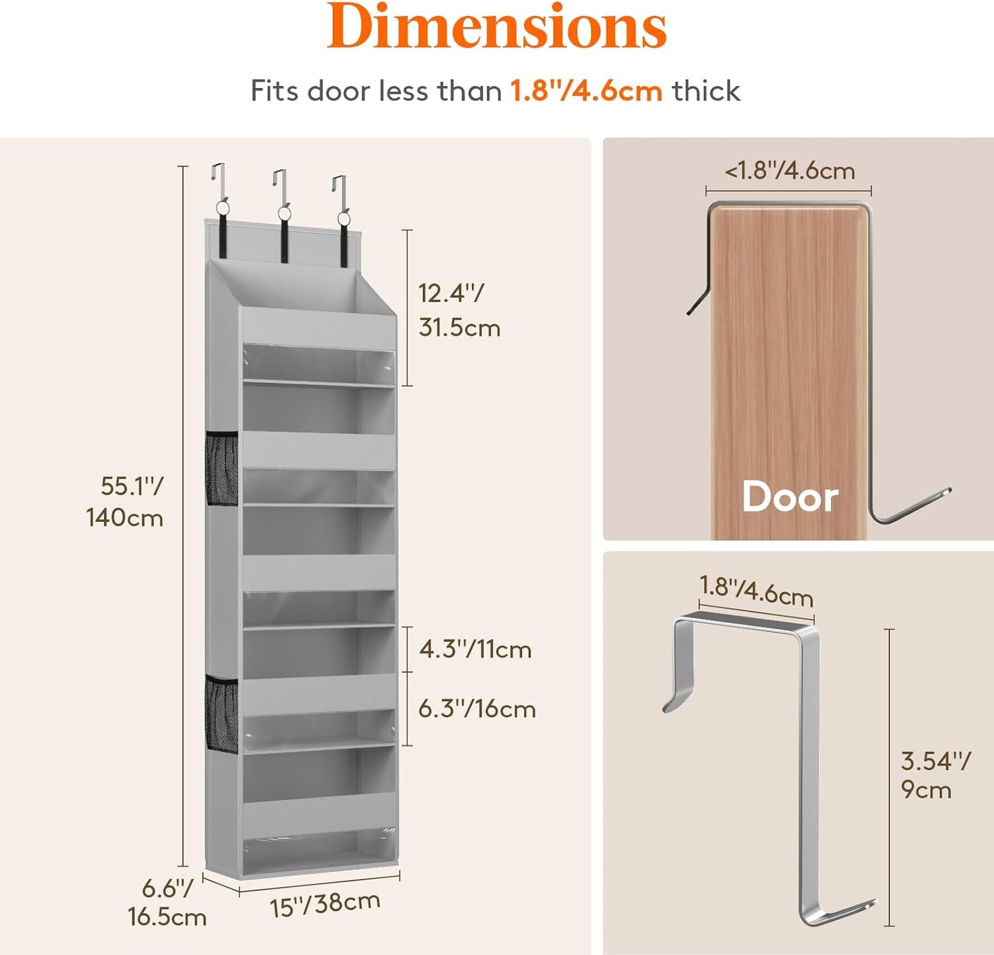 Lifewit 1 Pack Over the Door Organizer, 5 Shelf Clear Window Hanging Storage with 4 Mesh Side Pockets, Anti Tilt 40lbs Load Behind Door for Pantry, Nursery, Bathroom, Bedroom, Kitchen, Dorm,Light Grey