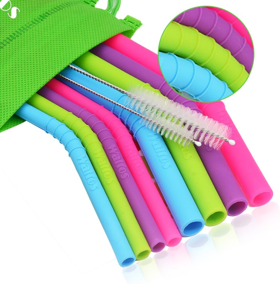 Walfos Reusable Silicone Straw - 2 Size Flexible Drinking Bendy Straws for Smoothies/20 & 30 oz Tumblers, BPA Free (4 Wide Straws + 4 Regular Straw + 2 Cleaning Brushes Excluding storage bag）