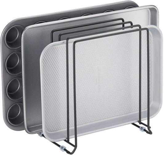 mDesign Pot Lid and Pan Rack — Metal Wire Rack for Cabinets, Pantries or Kitchen Surfaces — Freestanding Pan Stand with 5 Slots for Pans, Pots, Lids and Crockery — Black