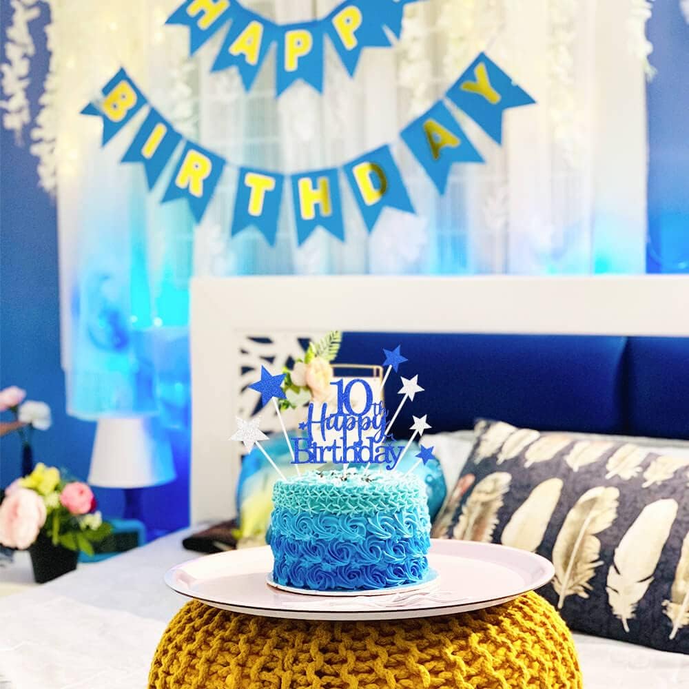 Glittery 10th Cake Topper with Star Boys and Girls 10th Birthday Party Supplies, Ten Years Old Birthday Party Decorations Royal Blue
