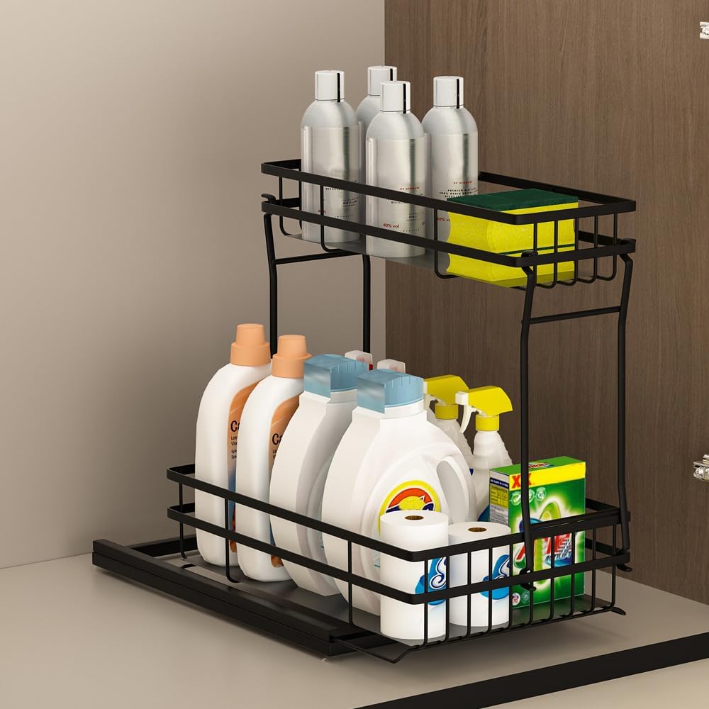 1 Pack Under Sink Organizers and Storage, 2 Tier Pull Out Cabinet Organizer, Metal Sliding Drawer Storage for Kitchen Bathroom，Black