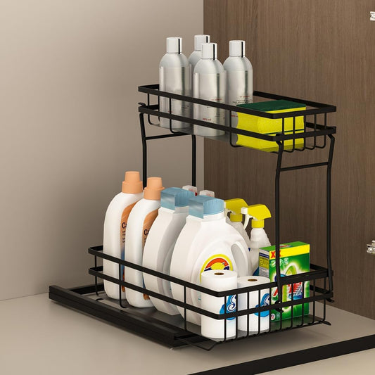 1 Pack Under Sink Organizers and Storage, 2 Tier Pull Out Cabinet Organizer, Metal Sliding Drawer Storage for Kitchen Bathroom，Black