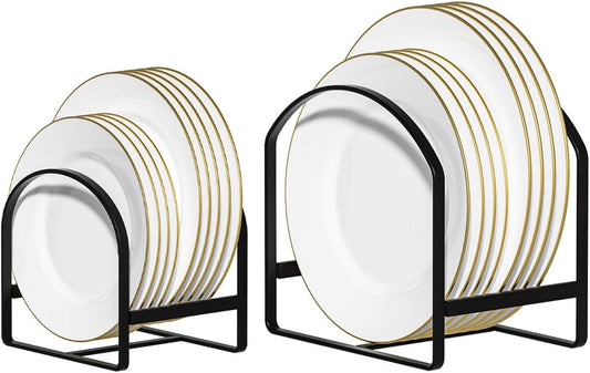LINFIDITE 2 Pack Kitchen Plate Holder Organizer for Cabinet Space Saver Dinner Plate Storage Rack Upright Dish Drying Racks Metal Dish Stand for Cupboard Countertop Rustproof Black (1 Large 1 Small)
