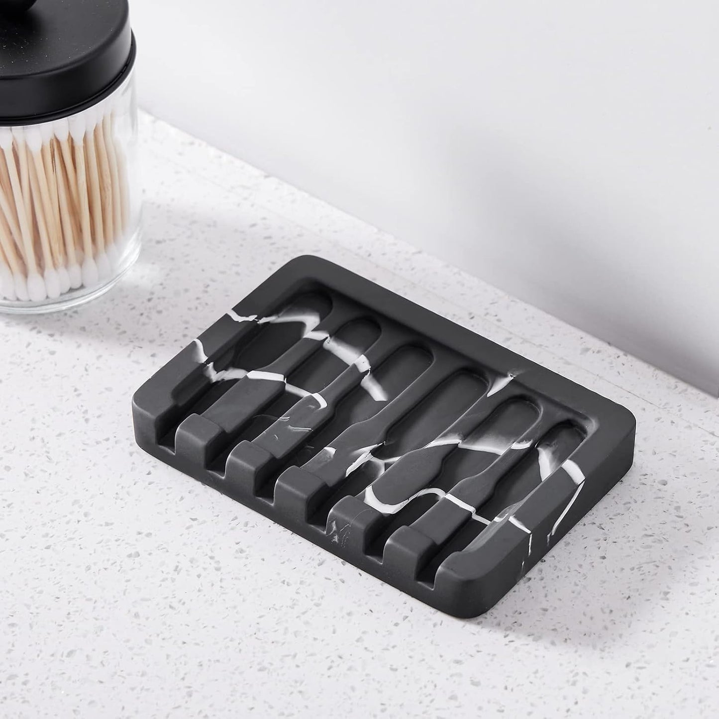 2PCS Self Draining Soap Dish - Marble Look Soap Holder Tray Savers Box Container Sponge Holder for Bathroom Shower Kitchen, Black
