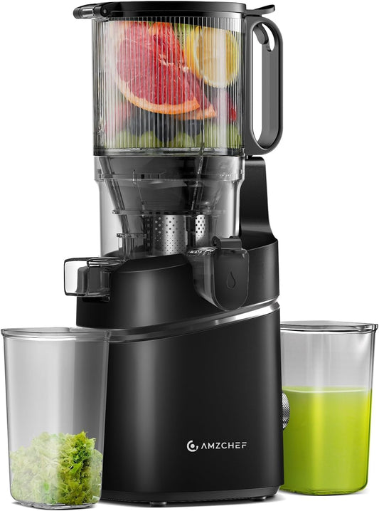 AMZCHEF Juicer Machines, 5.8" Extra Self-Feeding Cold Press Juicer for Whole Vegetable & Fruit, Juice Extractor Machine with Large Auger & Triple Strainers, Easy to Clean, High Juice Yield, Black