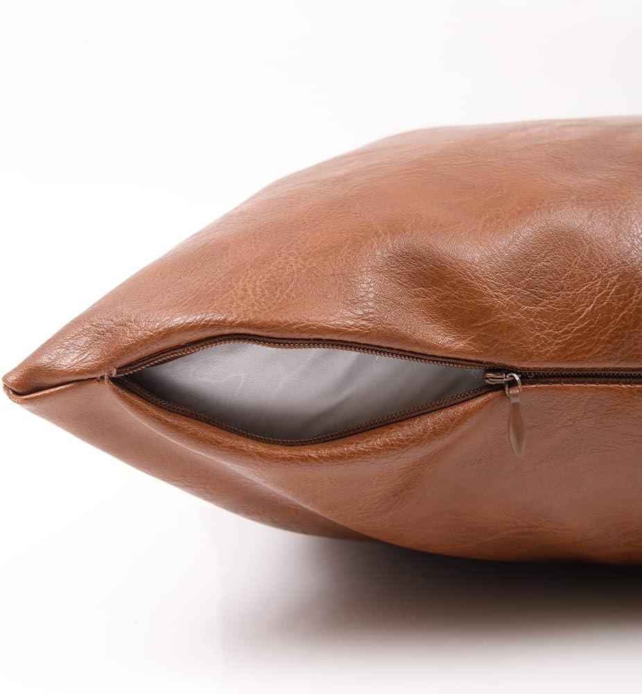 Fancy Homi Brown Boho Long Lumbar Faux Leather Decorative Throw Pillow Covers 14x24 Inch for Living Room Couch Bed Sofa, Hand Stitched Rectangle Cushion Case, Rustic Modern Farmhouse Home Decor